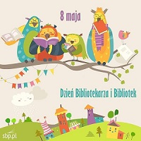 Na rysunku znajdują się cztery sowy czytające książki oraz napis Dzień Bibliotekarza i Bibliotek